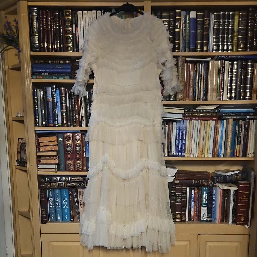 Cream Ruffled Tiered Gown with Long Sleeves